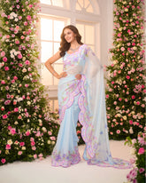 Mint Green-Pink Printed Pre-draped Saree Set