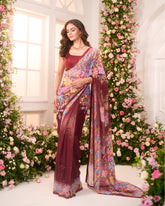 Maroon-Multicolor Printed Pre-Draped Saree Set