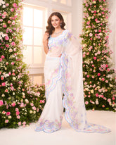 White-Multicolour Printed Pre-Draped Saree Set