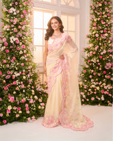 Lemon Yellow-Pink Printed Pre-draped Saree Set