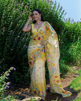 Yellow Floral Embroidered Predrape Saree Set
