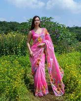 Pink Floral Embroidered Predrape Saree Set