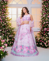 Pink-lavender Butterfly Printed Embroidered Lehenga Set