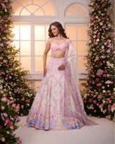 White-Pink Multicolour Printed Embroidered Lehenga Set