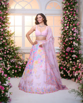 Lavender-Pink Acentric Printed embroidered Lehenga set