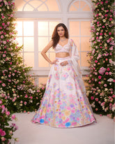 White Pink-Flower Printed Embroidered Lehenga Set