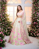 Lemon Yellow-Green Printed Embroidered Lehenga Set