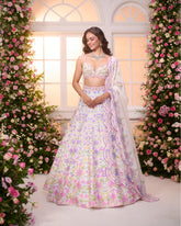 White Pink-Lavender Printed Embroidered Lehenga Set
