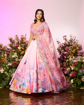 Pink Flower Printed Embroidered Lehenga Set