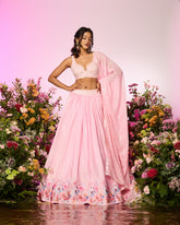 Pink Flower Printed Embroidered Blouse Lehenga Set