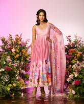 Pink printed Anarkali Embellished Set