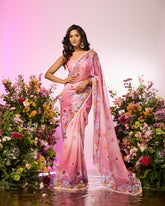 Pink Flower Printed Embellished Predrape Saree Set