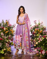Lavender Floral Printed Embellished Anarkali set
