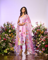 Lavender Crystal Flower Embellished Kurta Set