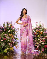 Lavender Rainbow Flower Embellished Predrape Saree Set
