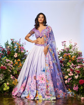 Lilac Blue Crystal Printed Embroidered Lehenga Set
