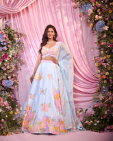 Rose Ice-Blue Printed & Embroidered Lehenga Set