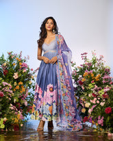 Lilac Blue Printed Embellished Anarkali Set