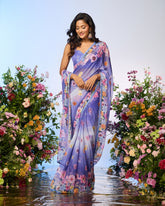 Lilac Blue Printed Embellished Predrape Saree Set
