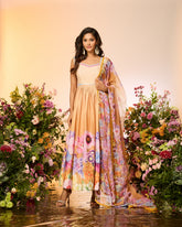 Ochre Yellow Printed Embellished Anarkali Set