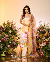 Ochre Yellow Printed Embellished Kurta Set