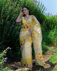 Yellow Floral Embroidered Predrape Saree Set