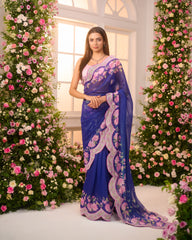 Royal Blue-Pink Printed Pre-Draped Saree Set