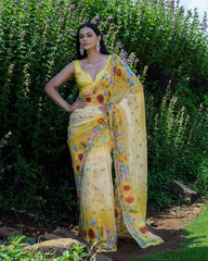 Yellow Floral Embroidered Predrape Saree Set