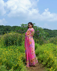 Pink Floral Embroidered Predrape Saree Set