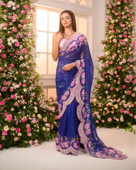 Royal Blue-Pink Printed Pre-Draped Saree Set