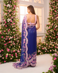 Royal Blue-Pink Printed Pre-Draped Saree Set