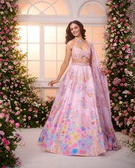Rose Pink-Multicolor printed Embroidered Lehenga Set