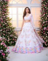 White-Multicolour Printed Embroidered Lehenga Set
