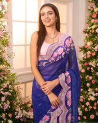 Royal Blue-Pink Printed Pre-Draped Saree Set