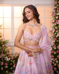Rose Pink-Multicolor printed Embroidered Lehenga Set
