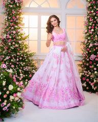 Pink Ombré Printed  Embroidered Lehenga Set