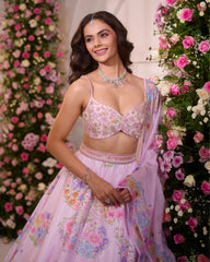 Rose Pink-Multicolor printed Embroidered Lehenga Set