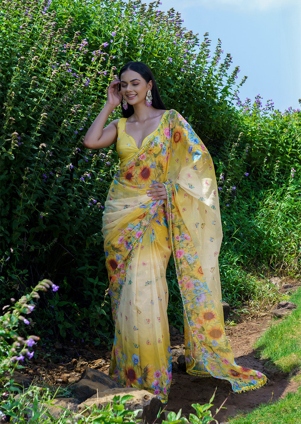 Yellow Floral Embroidered Predrape Saree Set