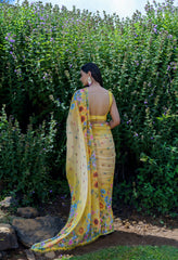 Yellow Floral Embroidered Predrape Saree Set