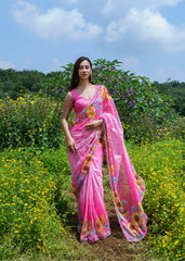 Pink Floral Embroidered Predrape Saree Set