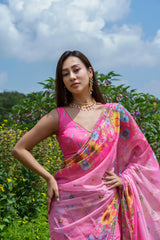 Pink Floral Embroidered Predrape Saree Set