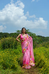 Pink Floral Embroidered Predrape Saree Set