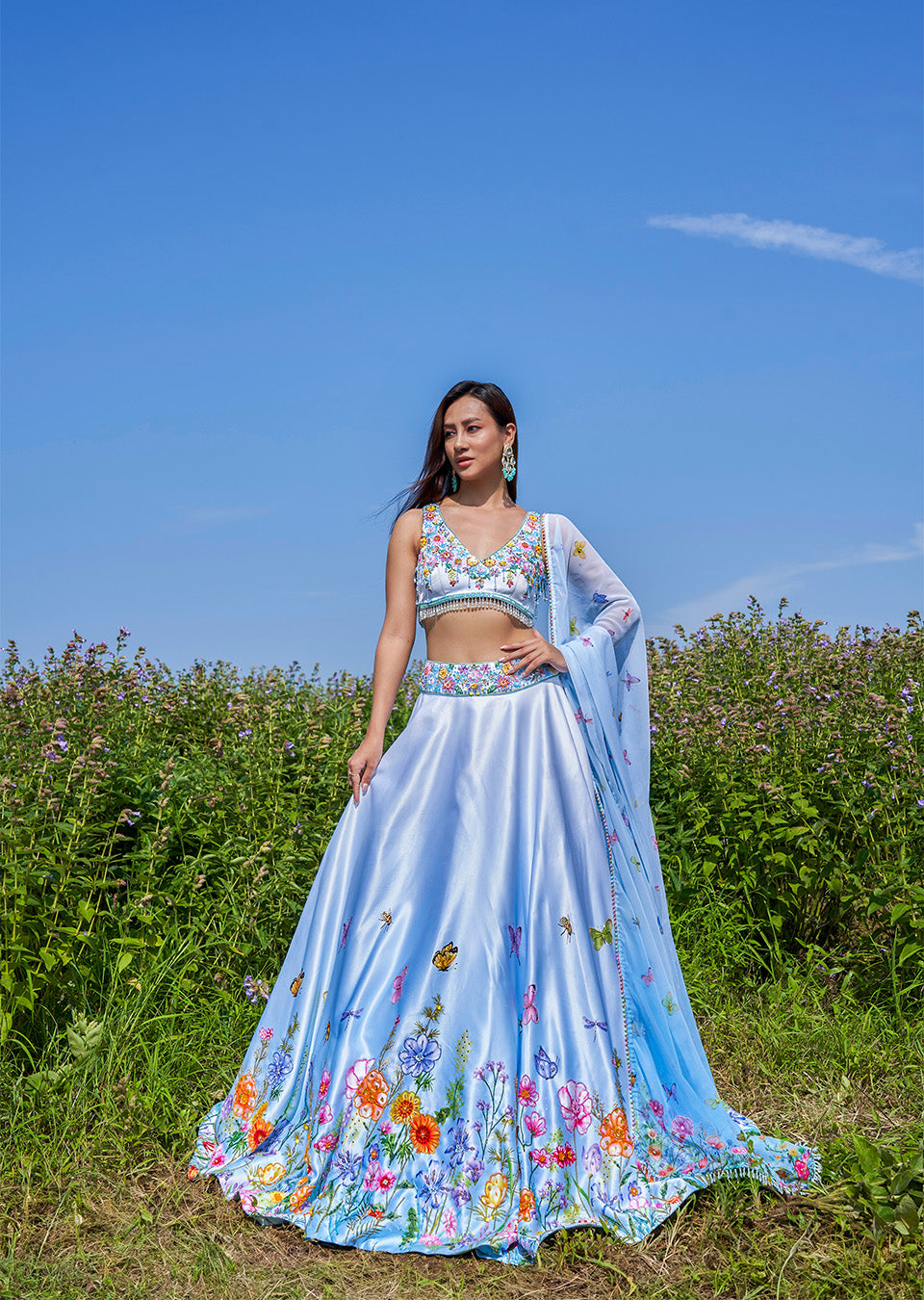 Sky Blue Embroidered Lehenga Set