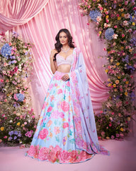 Rose Sea Blue Embroidered Lehenga Set