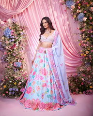 Rose Sea Blue Embroidered Lehenga Set