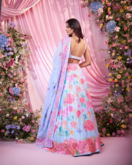 Rose Sea Blue Embroidered Lehenga Set