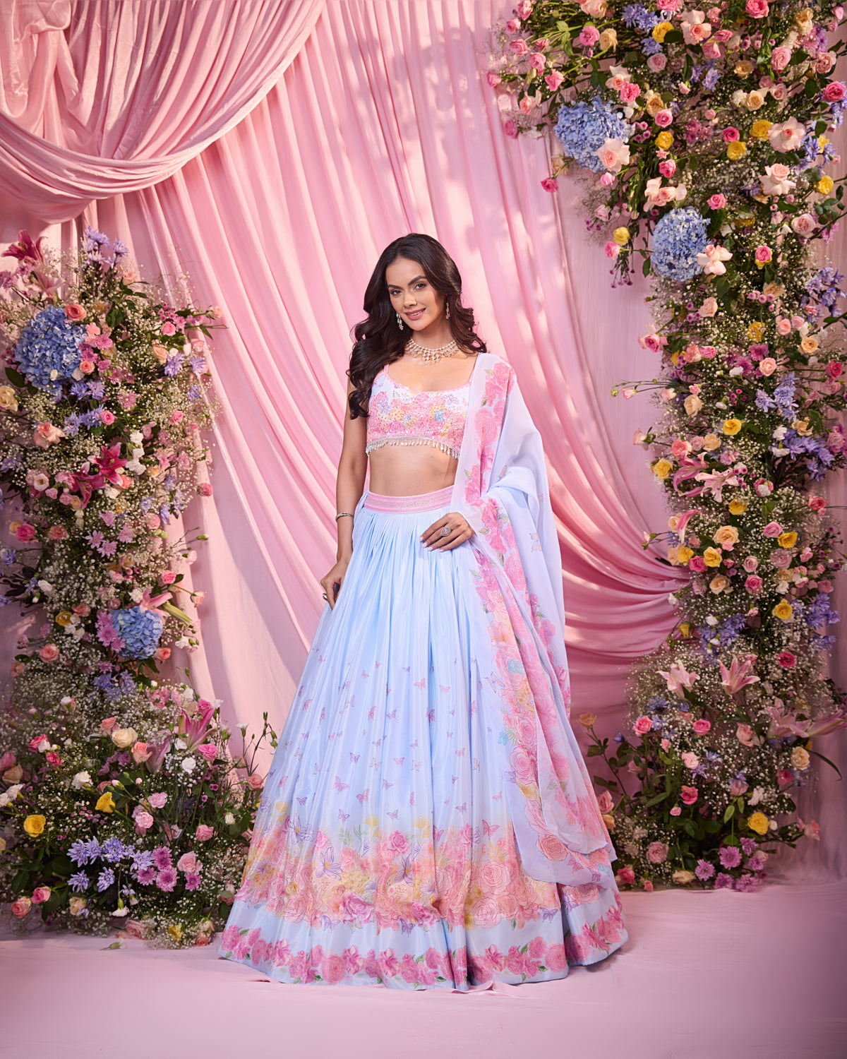 Rose Powder Blue Embroidered Lehenga Set