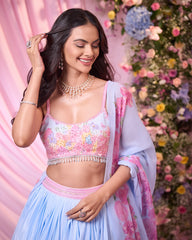 Rose Powder Blue Embroidered Lehenga Set
