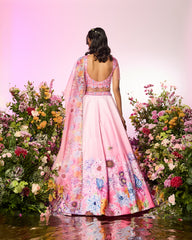 Pink Flower Printed Embroidered Lehenga Set
