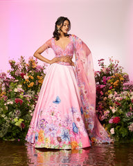 Pink Flower Printed Embroidered Lehenga Set